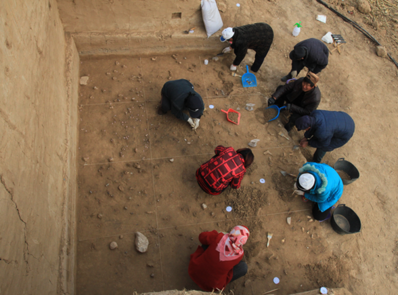 Archaeologists excavating the well-preserved surface at the Xiamabei site in northern China, showing stone tools, fossils, ochre and red pigments