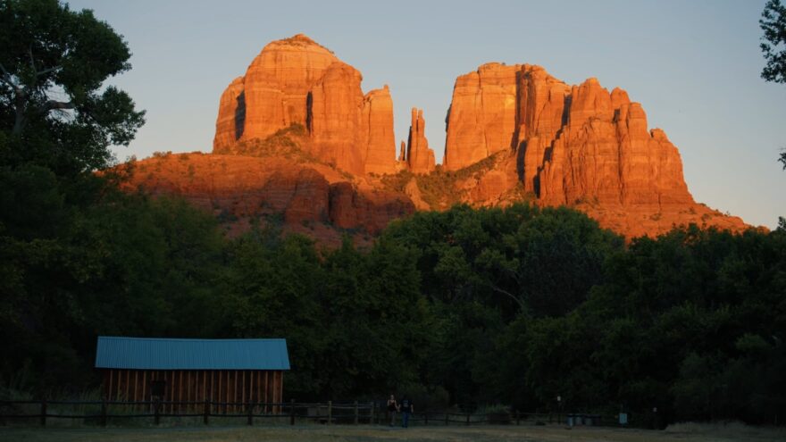 Cathedral Rock at sunrise glows above the trees in Sedona