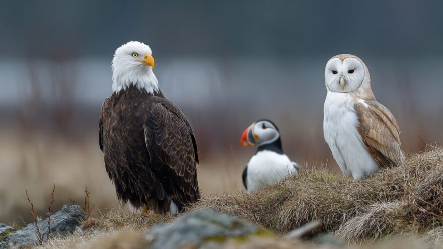 Bald eagle, Atlantic puffin, and barn owl stand together on a grassy coastal cliff