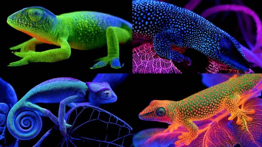 Collage of four reptiles, including chameleons and geckos—glowing in bright green, blue, and orange under ultraviolet (UV) light