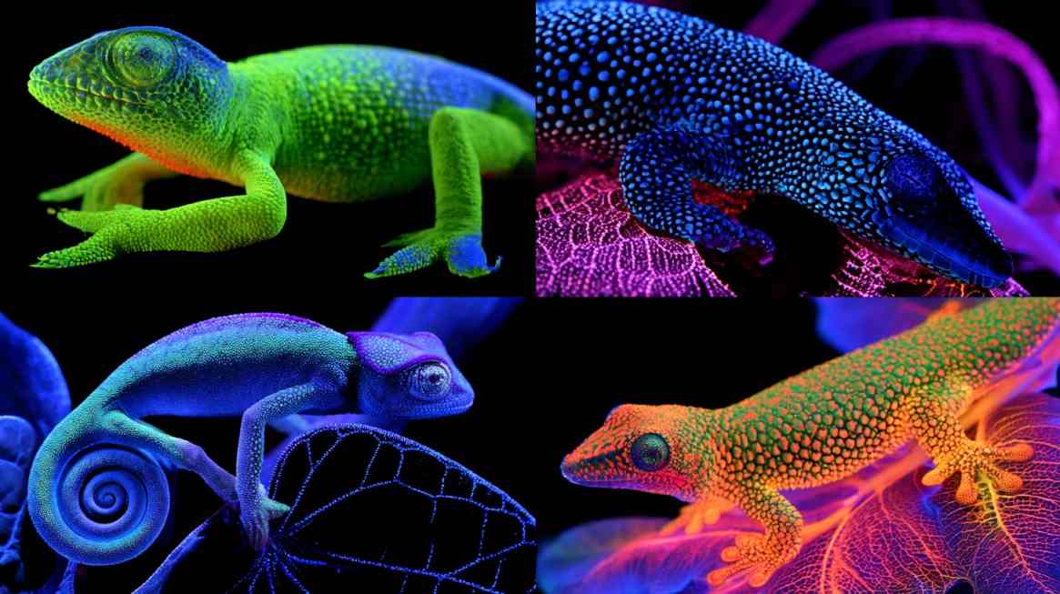 Collage of four reptiles, including chameleons and geckos—glowing in bright green, blue, and orange under ultraviolet (UV) light