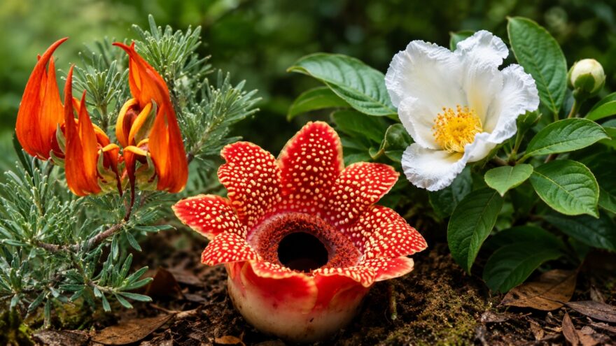 World’s rarest flowers grow together on a forest floor with red, orange, and white blooms