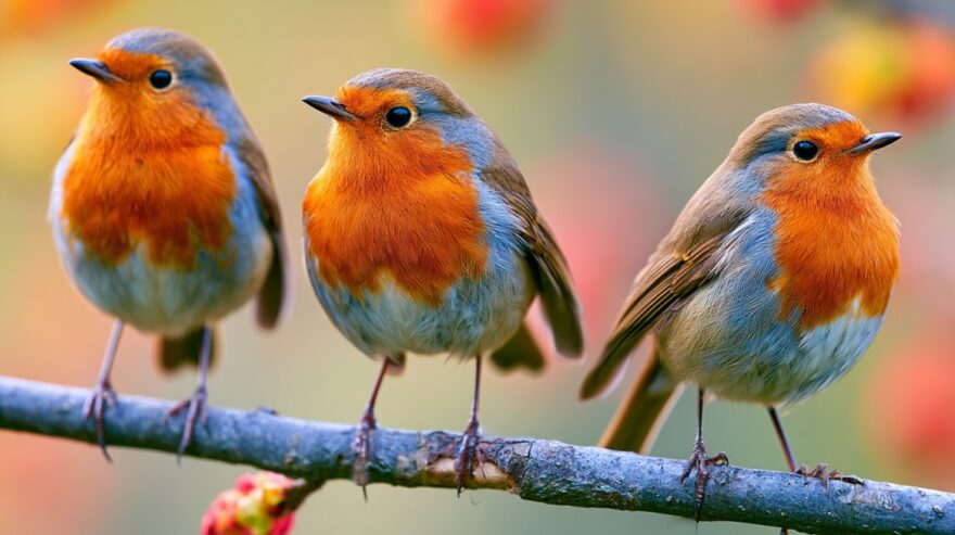Three European robins with bright orange chests perched together on a tree branch during spring